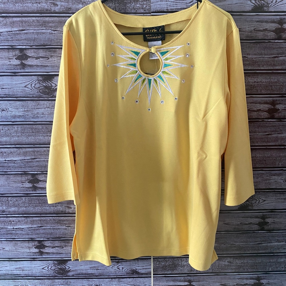 Bob Mackie Women's Long-Sleeved Top Size L Yellow Cutout Embellished NWT